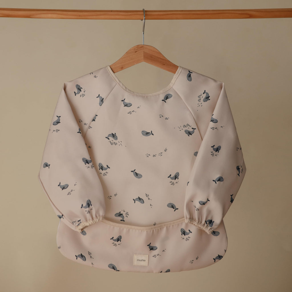 Long Sleeve Baby Bib | Water Resistant Adjustable Fit (Whales)