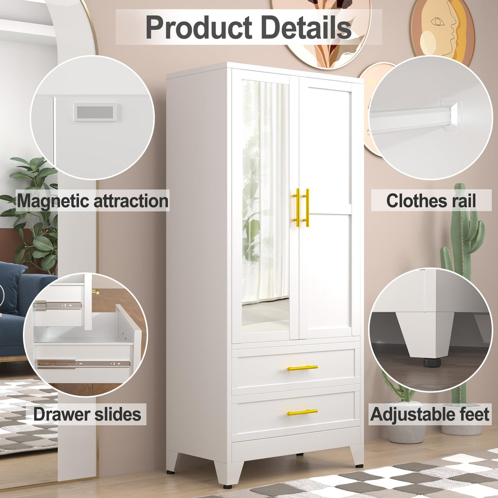 Metal Armoire Wardrobe Closet, 71" Tall Bedroom Closet with Mirror