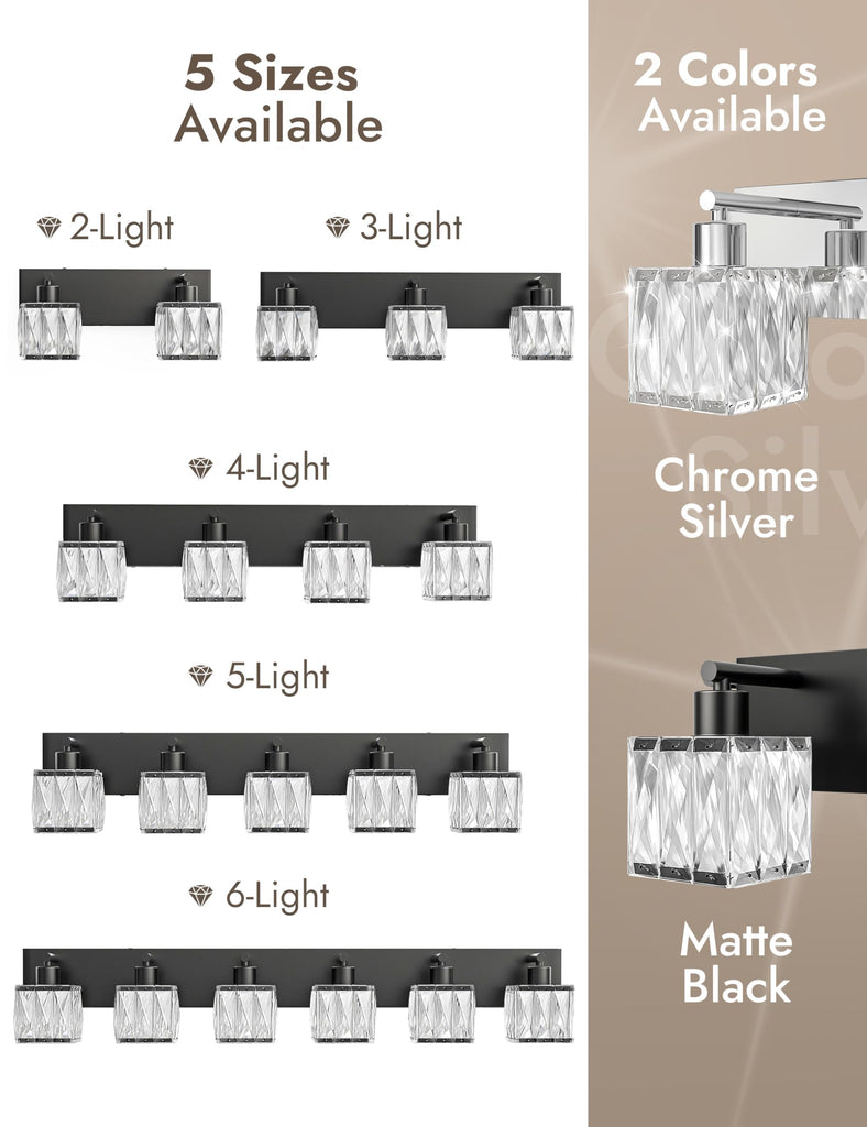 4-Light Crystal Bathroom Vanity Light Square, Matte Black