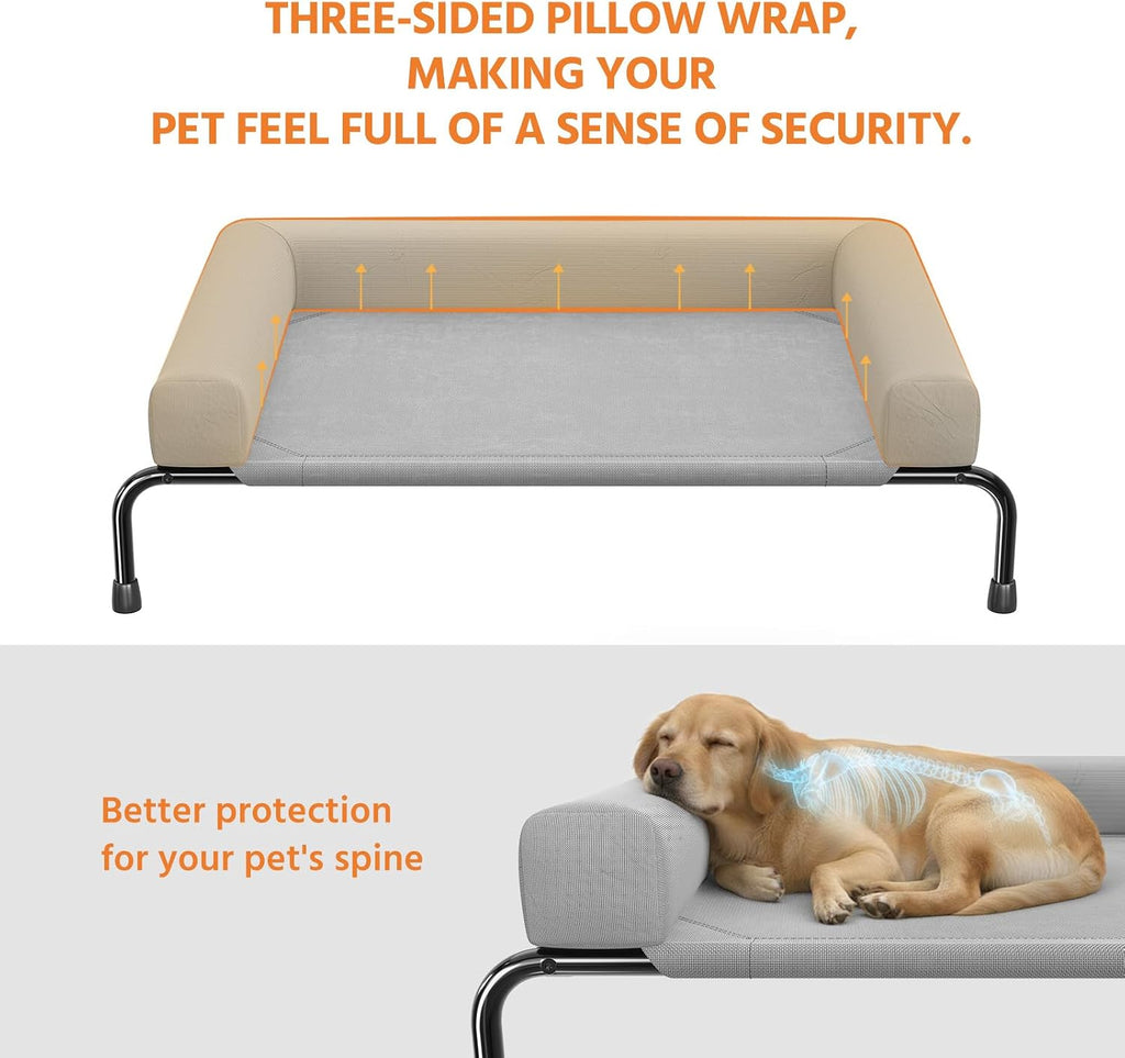 Elevated Dog Bed for Large Dogs with Bolsters, Grey