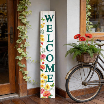 Welcome Sign for Front Door, Spring Flower 47"X8" White