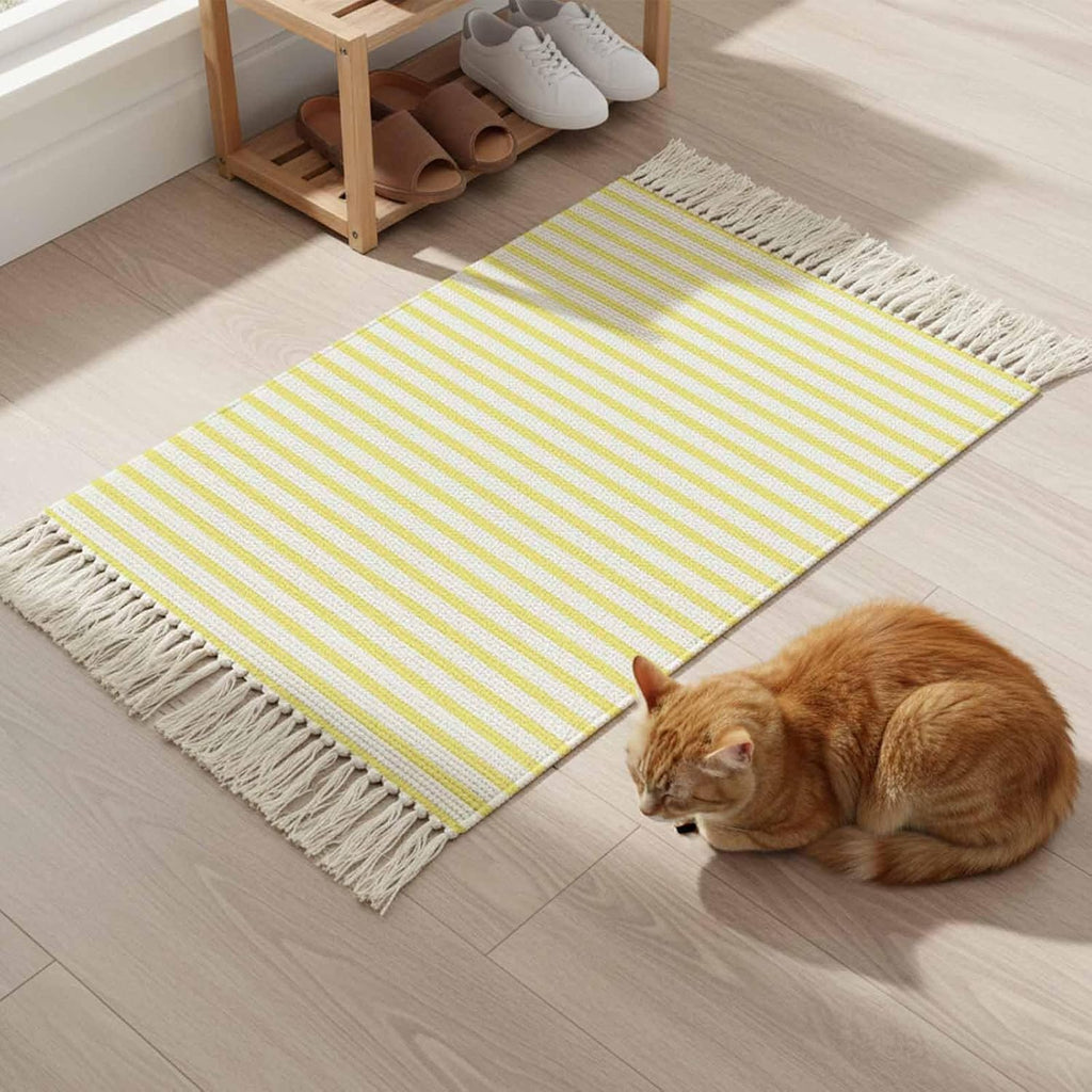 Minimalist Lemon Yellow Striped Runner Rug with Tassel Modern Art Vertical Line Print Entryway Rugs Washable