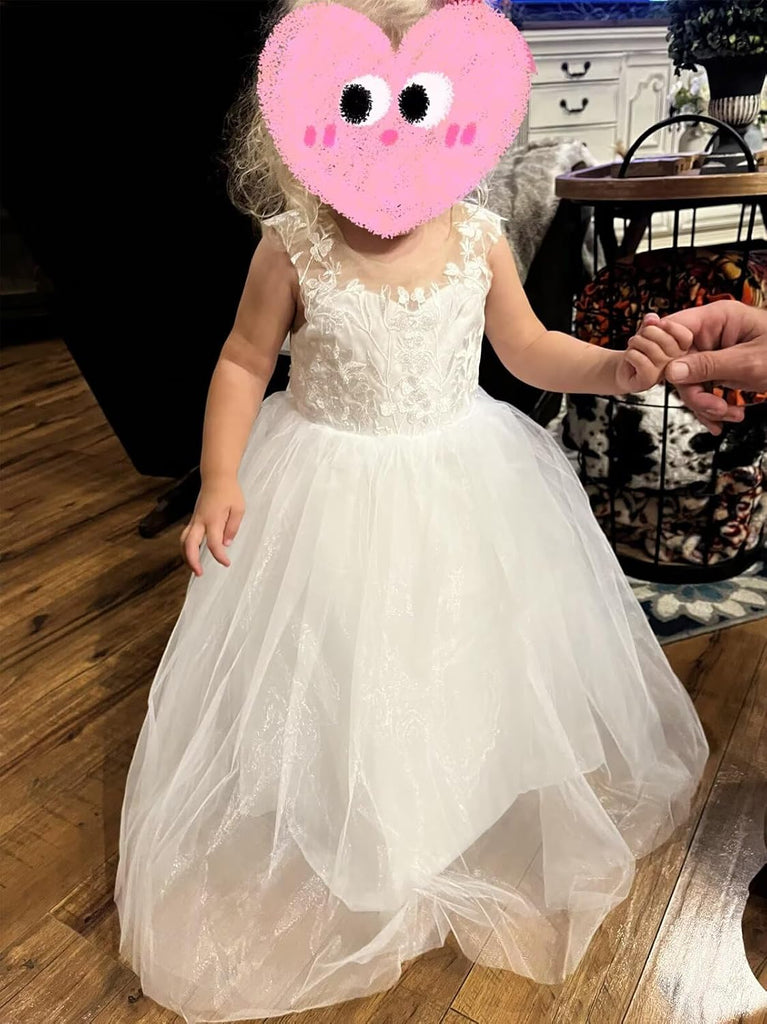 Lace Applique Tulle Flower Girl Dress for Wedding Sleeveless Long Satin Bow Knot V-Back Elegant Formal Dresses