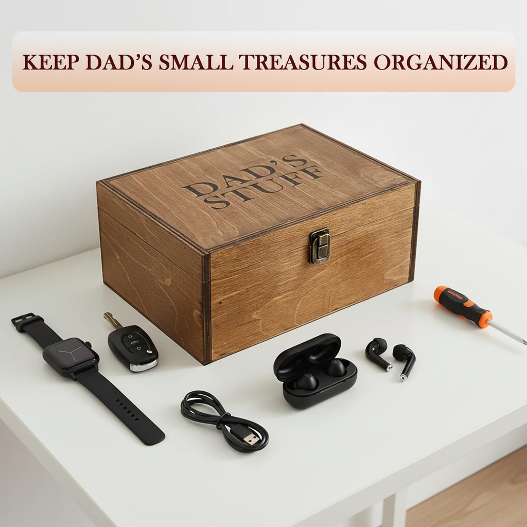 Dad Gifts, Wooden Dad's Stuff Storage Box, Large Rustic Wooden Keepsake Box 11.6" x 8.7" x 5", Engraved Memory Wood