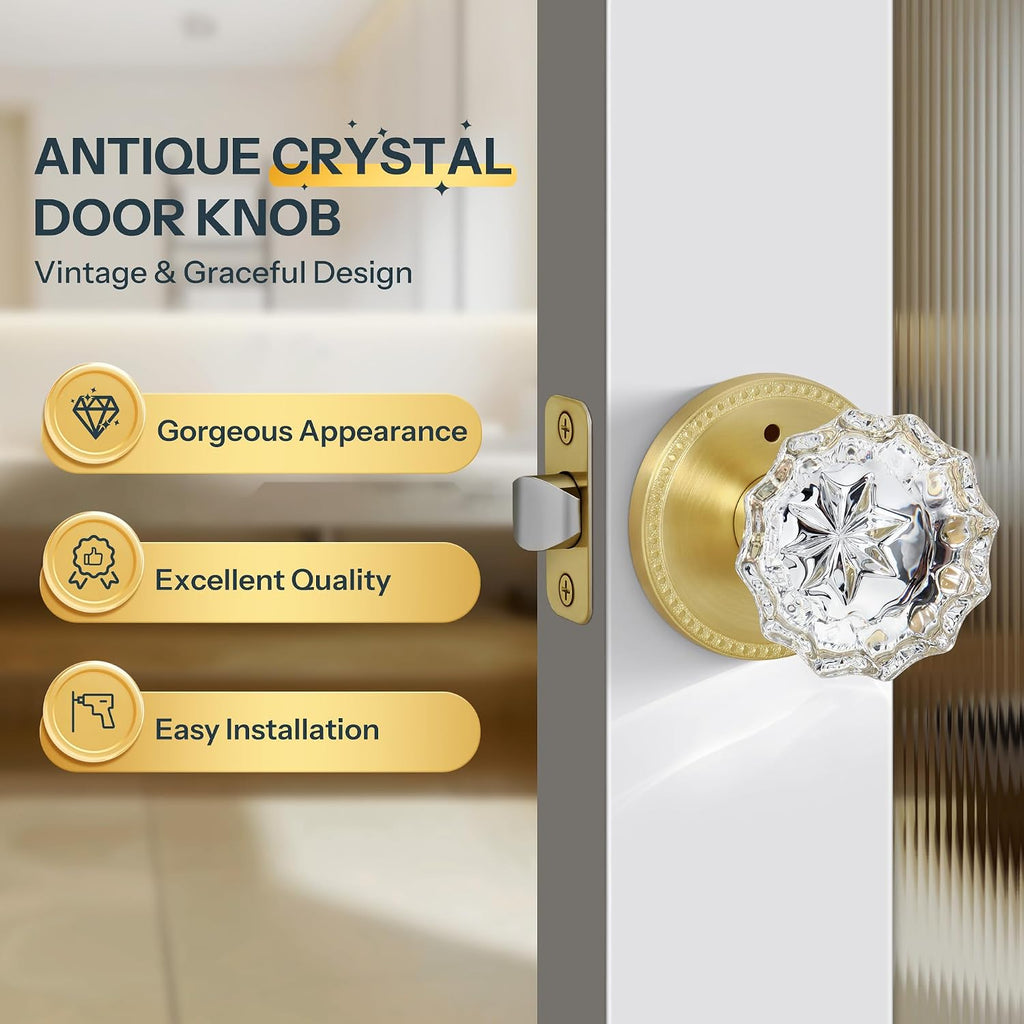 Brushed Gold Privacy Crystal Door Knob, Gold Vintage Crystal Door Knob with Privacy Lock, Glass Doorknob Interior