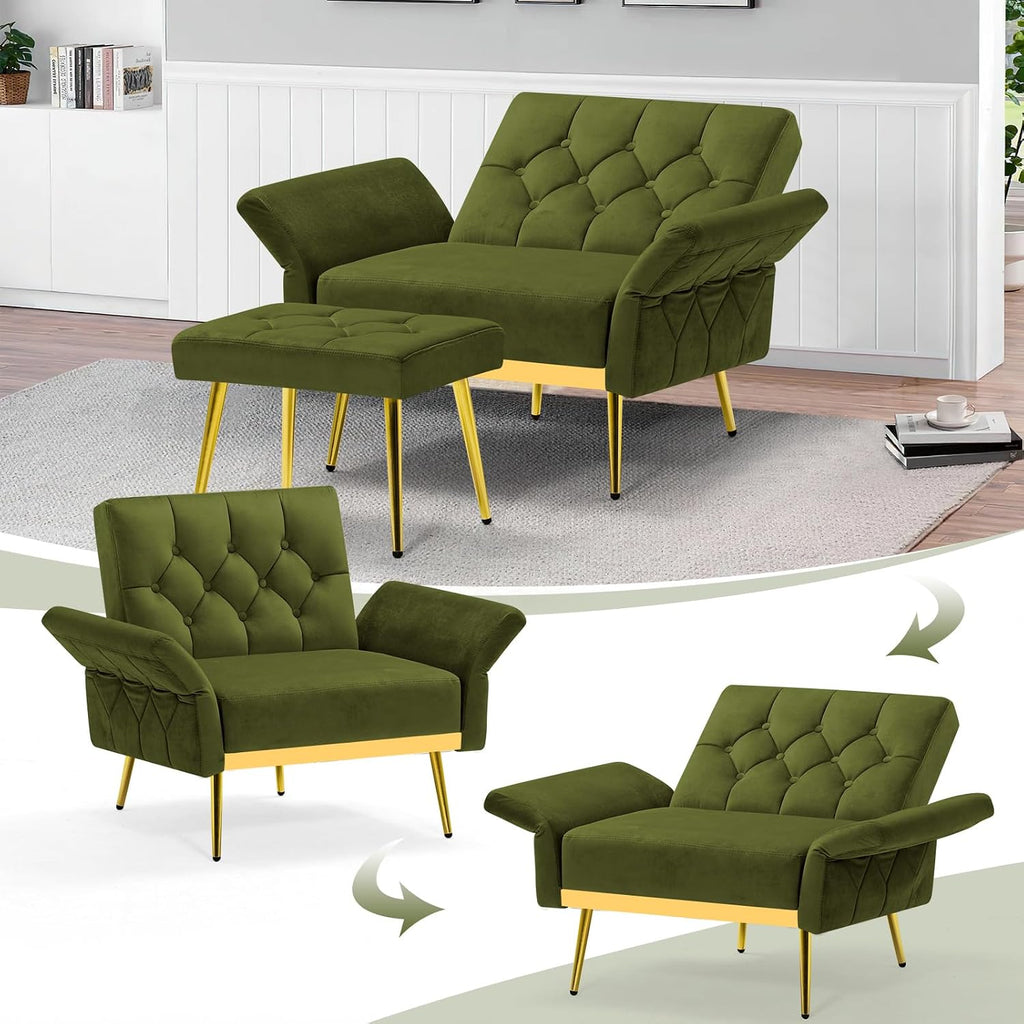 Velvet Accent Chair w/Adjustable Armrests and Backrests, Tufted Single Sofa with Ottoman, Upholstered Reading Chiar