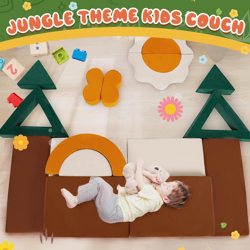 18PCS Modular Kids Play Couch - Junlge Theme Toddler Couch Building Fort, Convertible Sofa Multifunctional Kids Sofa