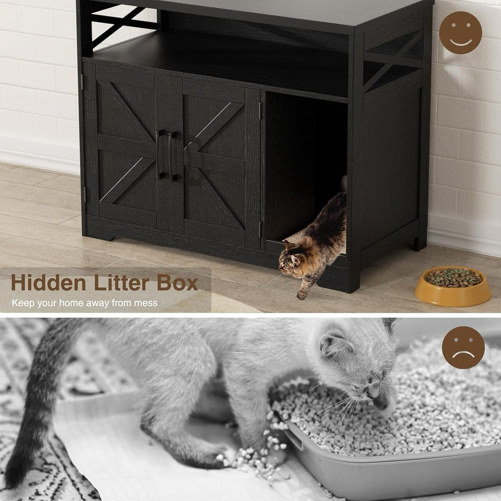 Cat Litter Box Enclosure, Hidden Litter Box Furniture with Scratch Pad, Farmhouse Indoor Cat House Washroom End