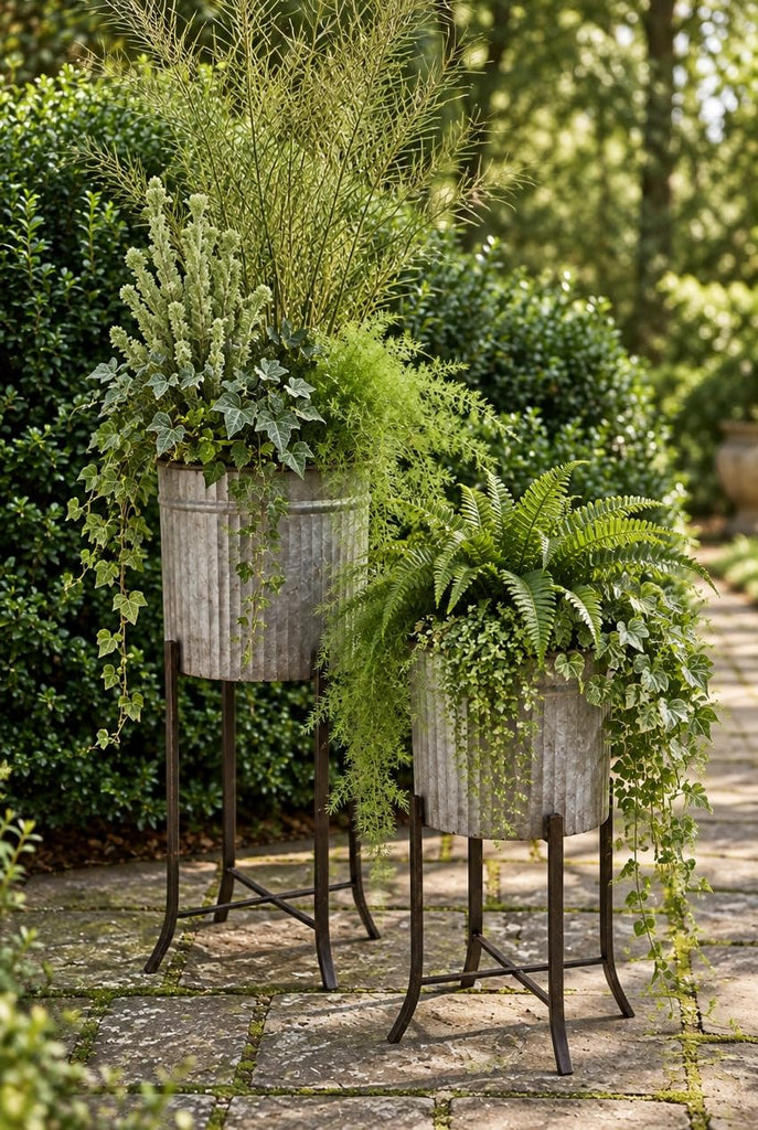 2‐Piece Round Corrugated Metal Planters on Stands, Silver and Black