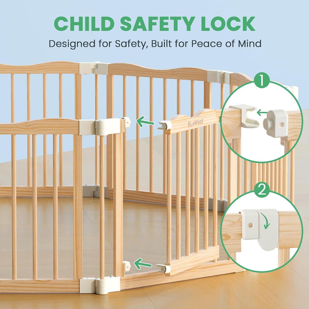 Foldable Wooden Playpen, Natural, 79 x 53 x 24 inches | Adjustable Wood Baby Play Yard with Door, Indoor Large Safety
