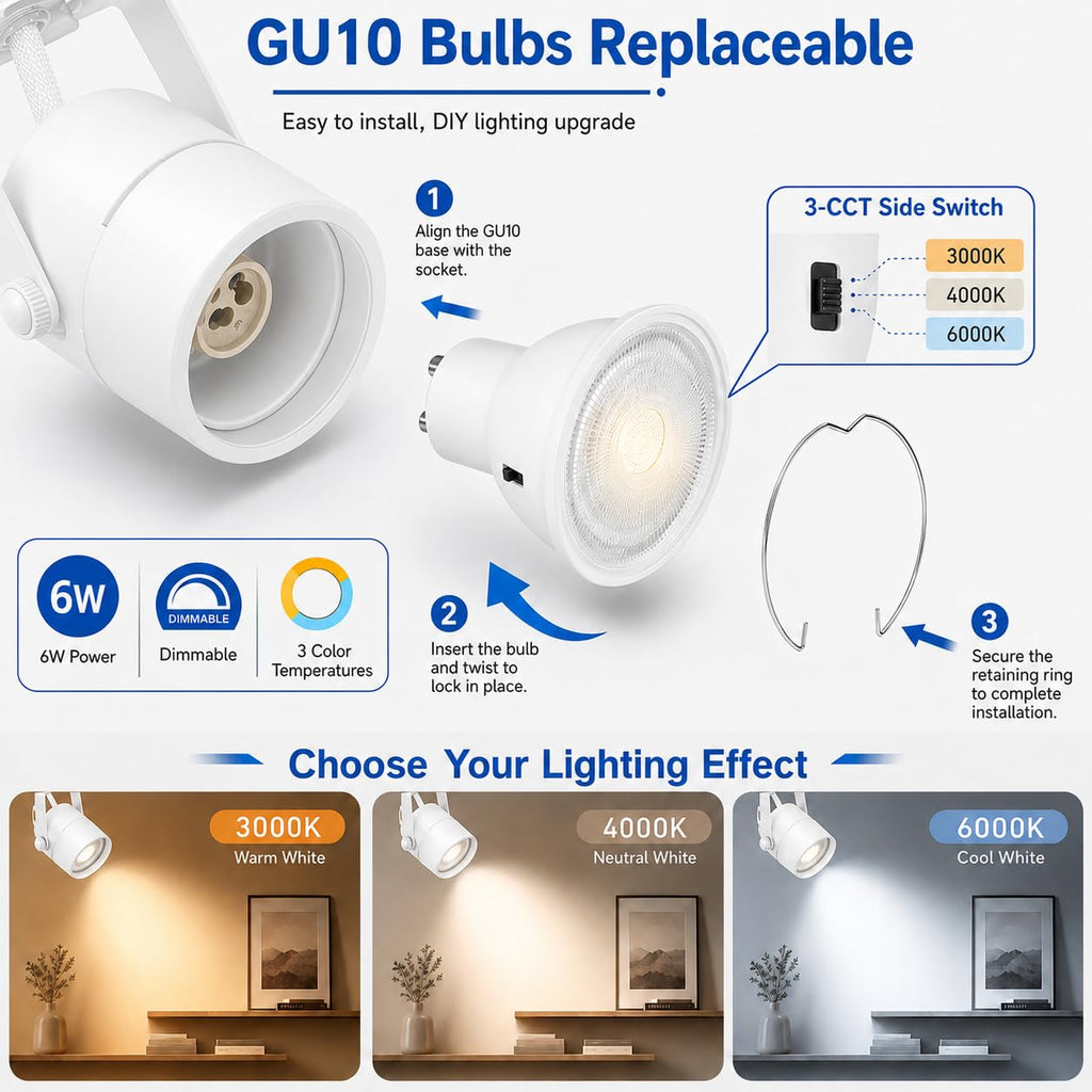 6FT LED Track Lighting Kit with 3-Color GU10 Bulbs, Dimmable 6 Lights White