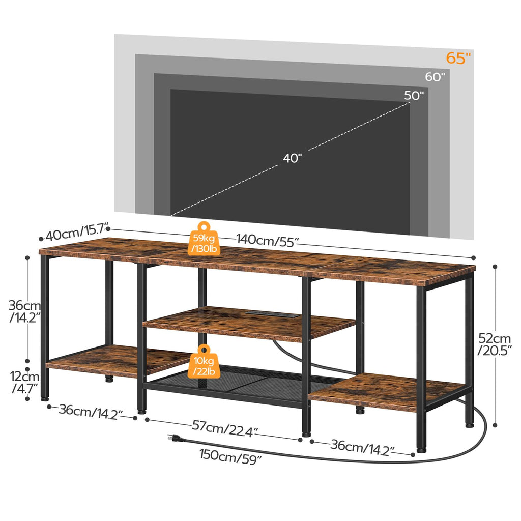 TV Stand with Power Outlets to 65 Inches, TV Console Table with Open Storage Shelves, Industrial Media Entertainment