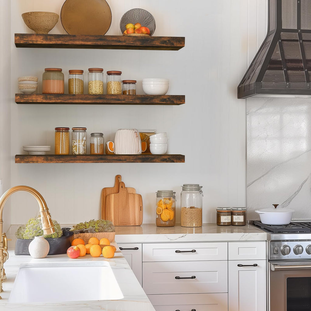 Rustic Brown Floating Shelves 35.4in, Set of 3, Wall Mount Wood Shelf
