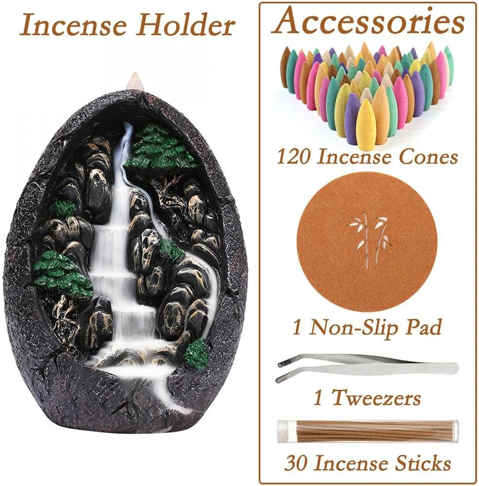 Backflow Incense Holder Resin Mountain Incense Burner Fountain Waterfall Incense Holders Home Decor with - Set of 120