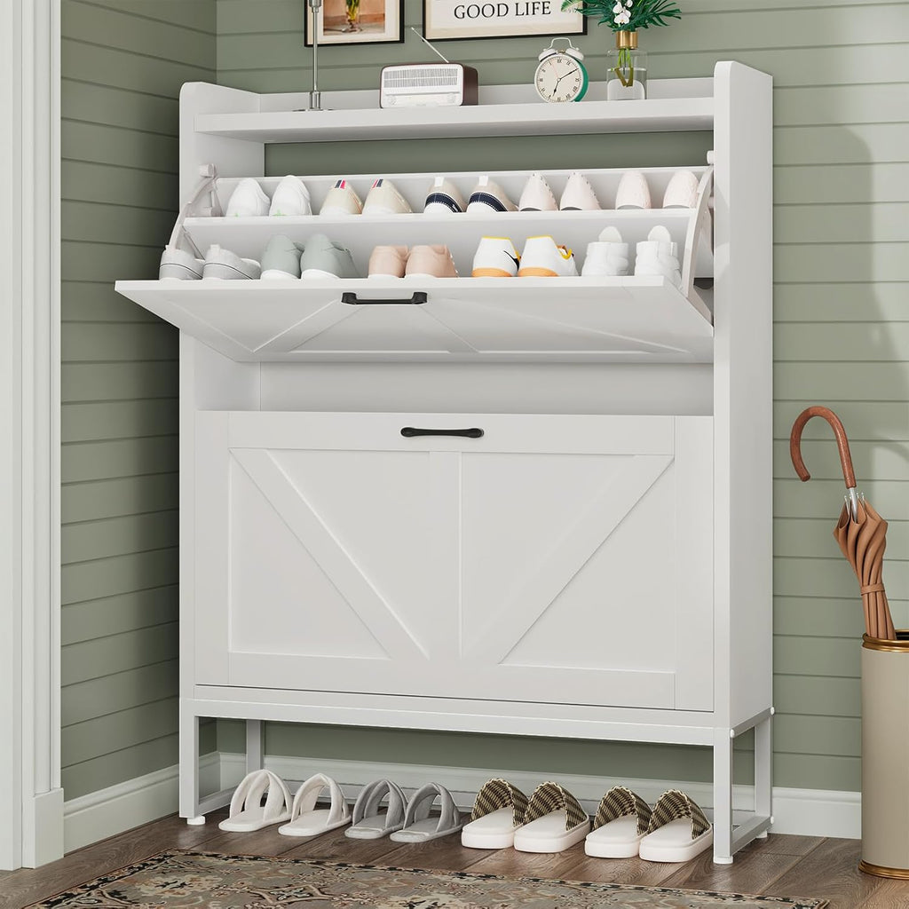 Shoe Cabinet, Shoe Storage Cabinet with 2 Flip Drawers & Adjustable Shelf, Space-Saving Shoe Organizer - Holds 16+