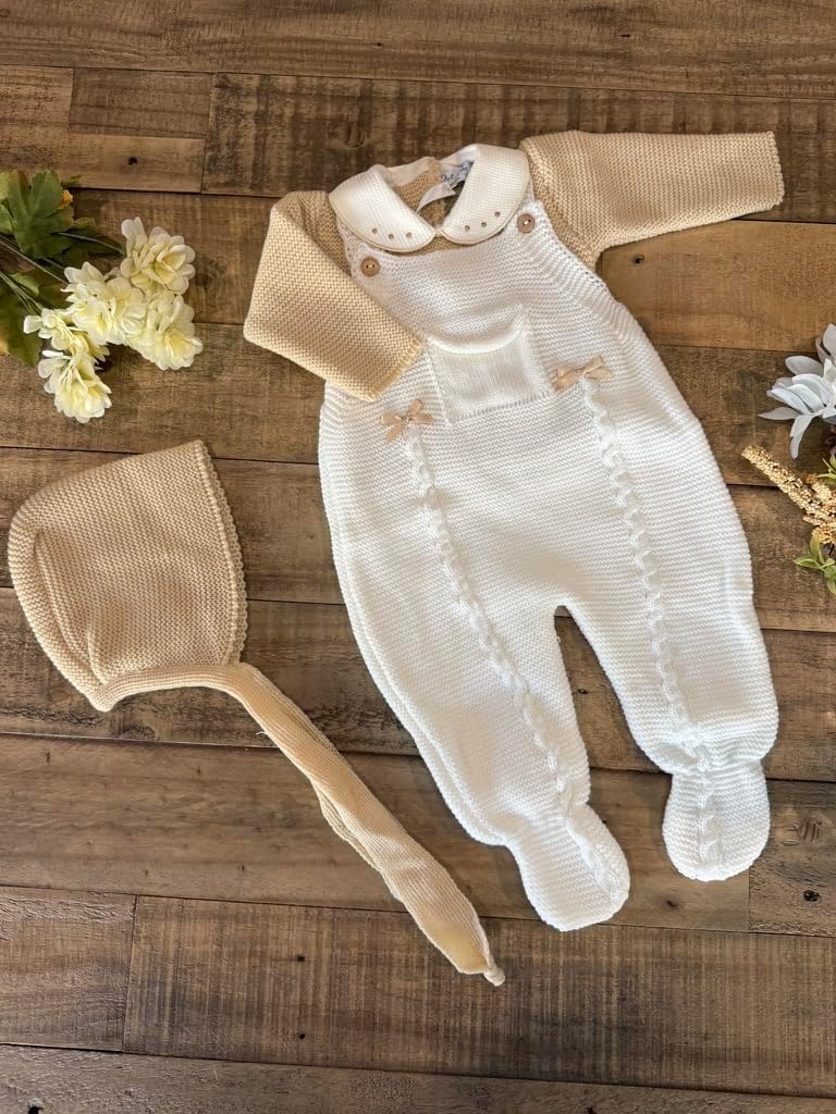 Piece Baby Outfit Set Knitted Infant Romper Long Sleeve Sweater Hat Overalls Boys Girls - Made in Spain