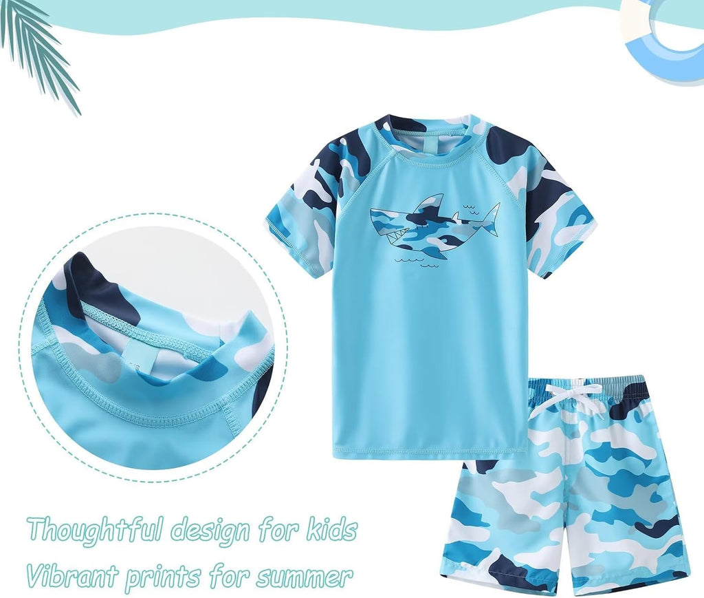 Boys Swim Set, 2 Piece Rash Guard Swimsuits Bathing Suit Short Sleeve Swim Shirts with Trunks Quick Dry Swimwear