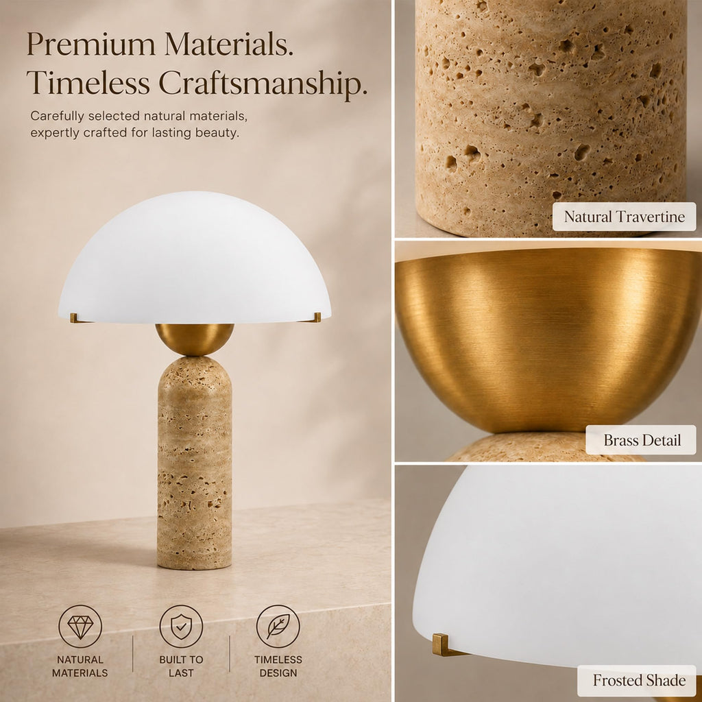 Natural Travertine Table Lamp, 14.5 in Dome Mushroom Nightstand Light