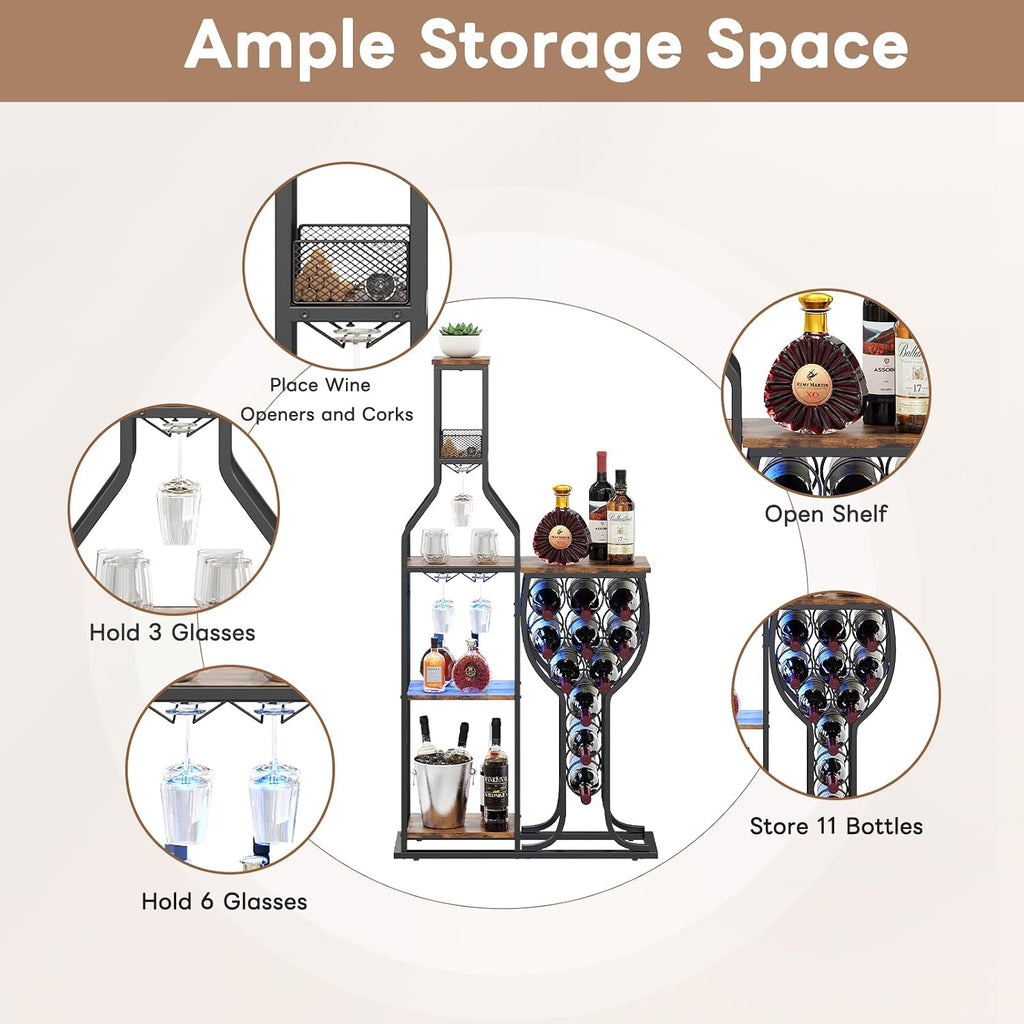 Liquor Cabinet Bar, 5-Tier Wine Rack Freestanding Floor with Wine Glass Holder, Mini Bar Stand with 11 Wine Bottles