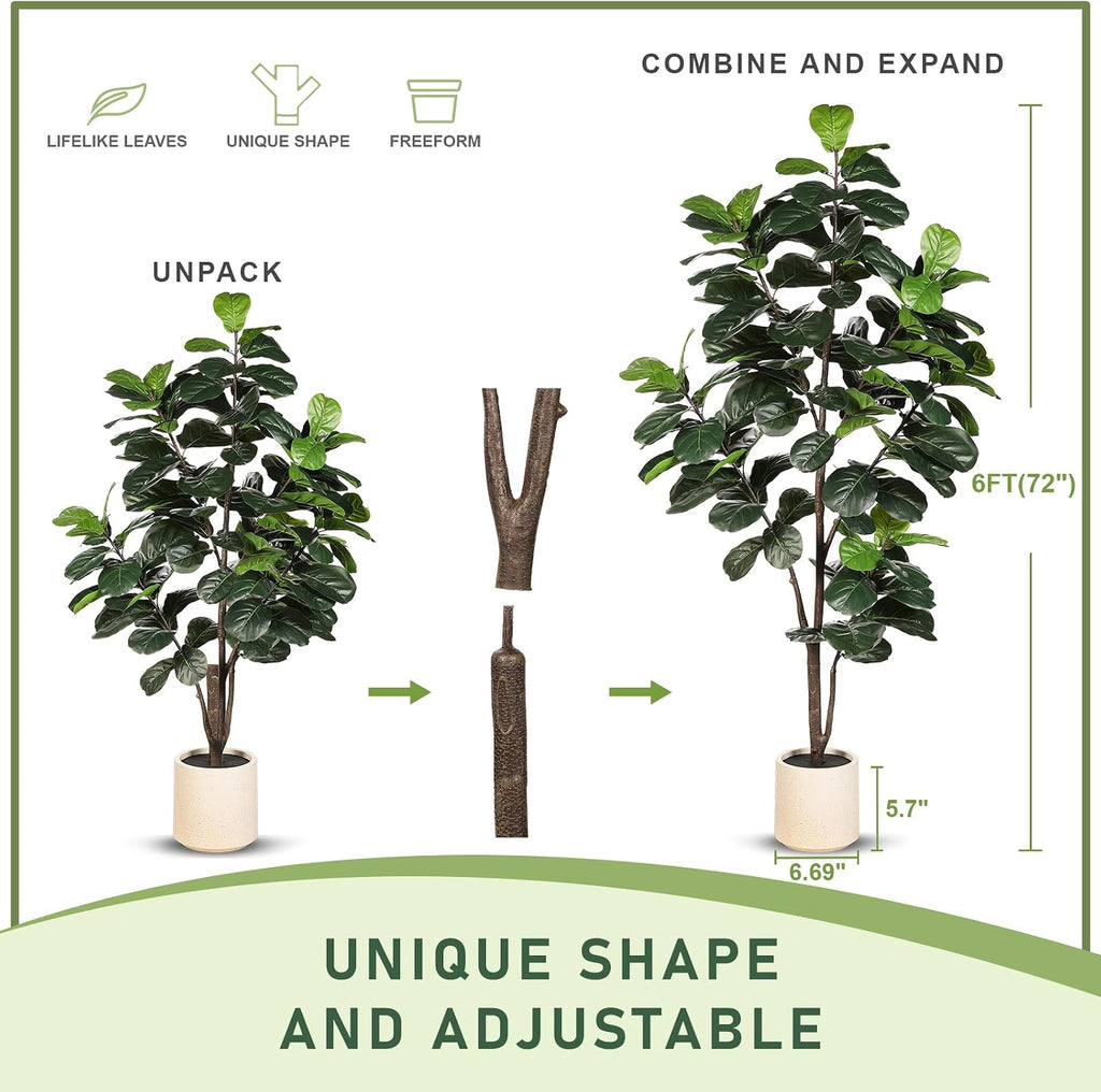 Fiddle Leaf Fig Tree Artificial 6ft with Sturdy White Planter