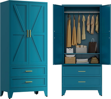 Blue Metal Wardrobe Closet, Armoire Wardrobe with Two Drawers Clothes Cabinet , 71" Tall Farmhouse Steel Armoire