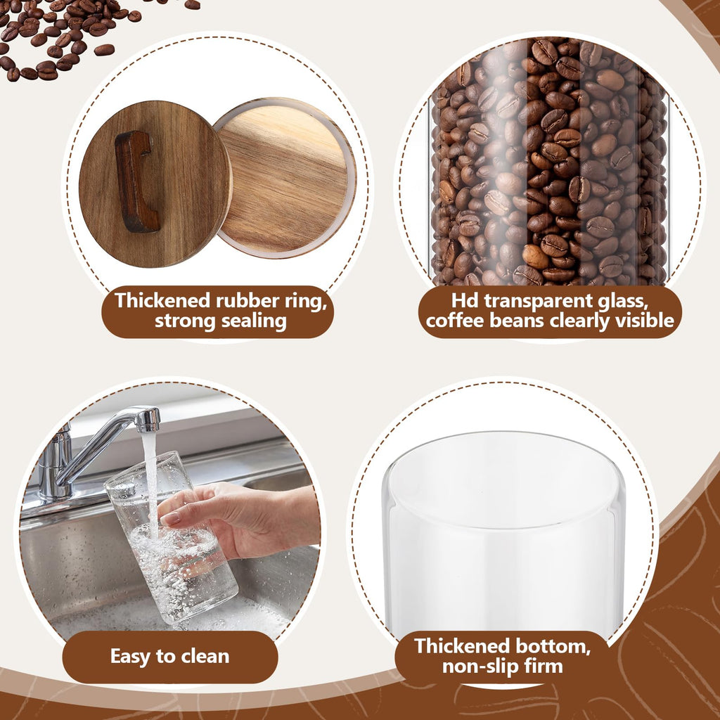 3 Pcs 42 oz Glass Coffee Grounds Container with Shelf Glass Coffee Bean Storage Canisters with Airtight Lid and