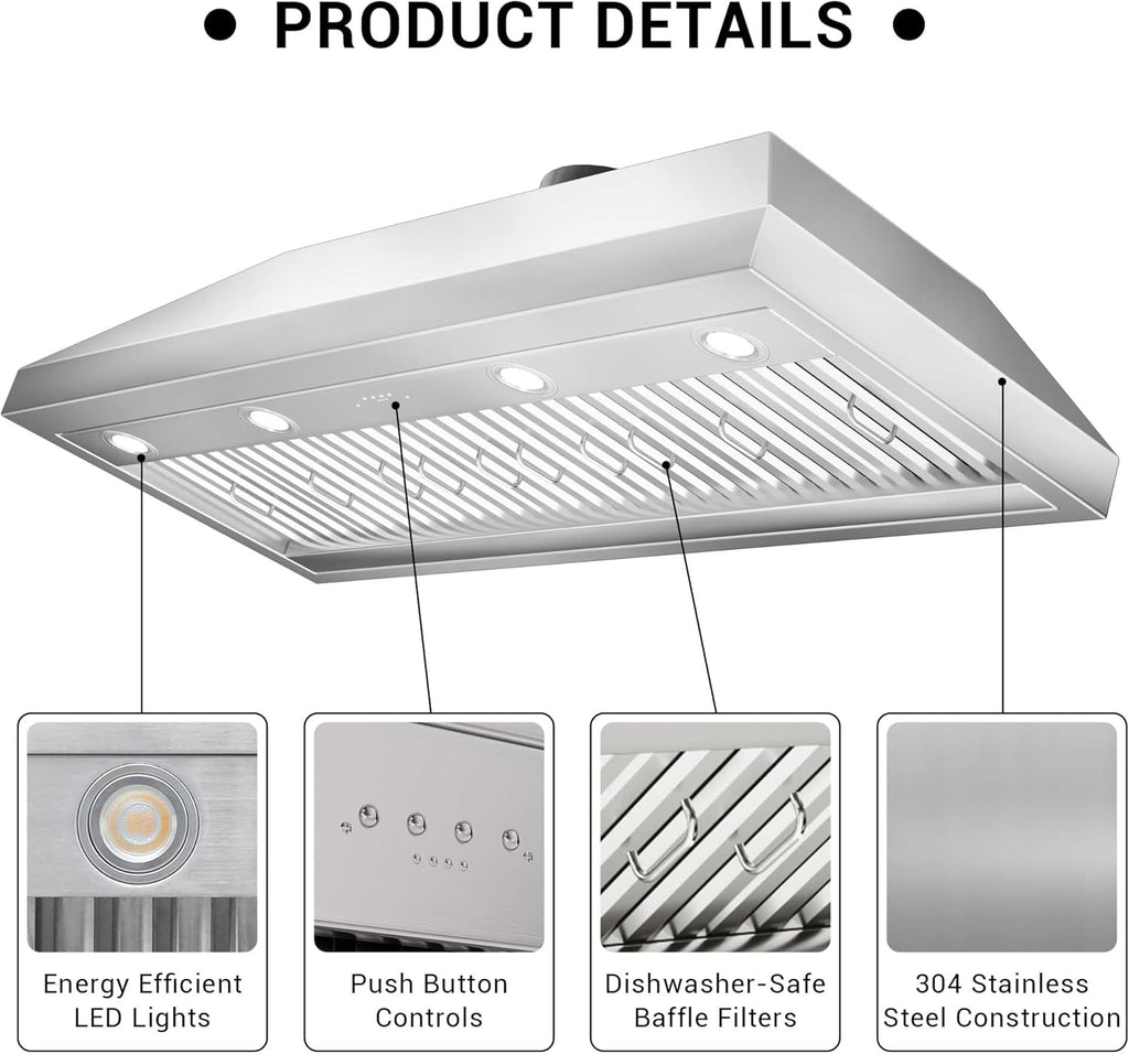 48 Inch Stainless Steel Range Hood Insert 1260 CFM 4 Speed LED Lights Dishwasher-Safe Baffle Filters