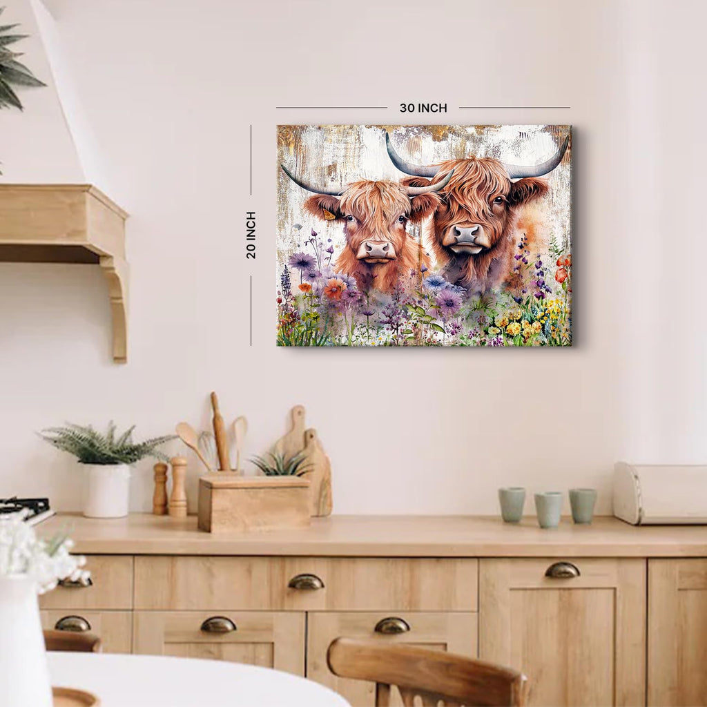Cute Highland Cow Wall Art Rustic Cows Picture Wall Decor Nursery Room Decor Farmhouse Wildflower Scottish Cow