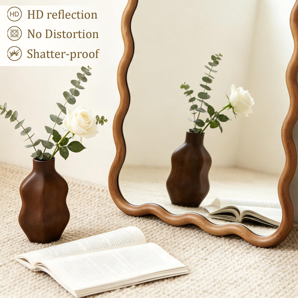 24"x65" Wood Full Length Mirror, Arched Natural Wood Boho Wavy Floor Mirror, Long Full Body Mirror Hanging