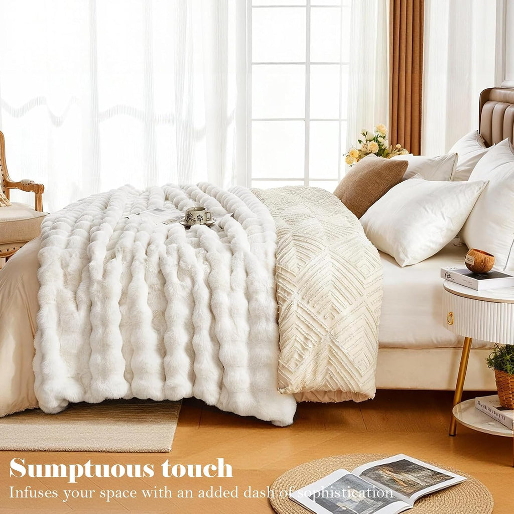 Faux Fur King Blanket for Couch, 1000 GSM Cozy Fuzzy Fluffy Soft Plush Thick Bubble Sherpa Blanket for Sofa Bedroom