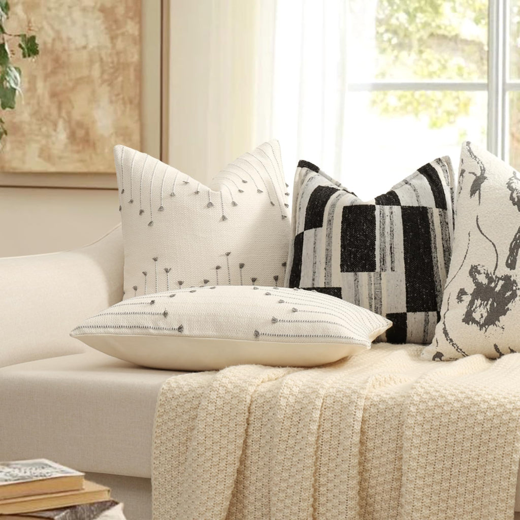 Boho Outdoor Throw Pillow Covers 22x22 Set of 2 Neutral Woven Decorative Pillowcases Cotton Tufted Couch Pillows