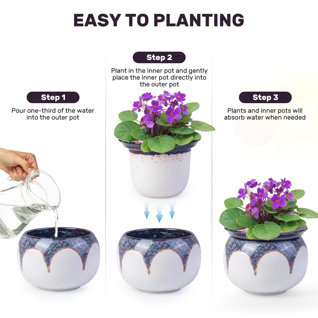 Self Watering African Violet Pot 6 Inch Ceramic Planter-Red