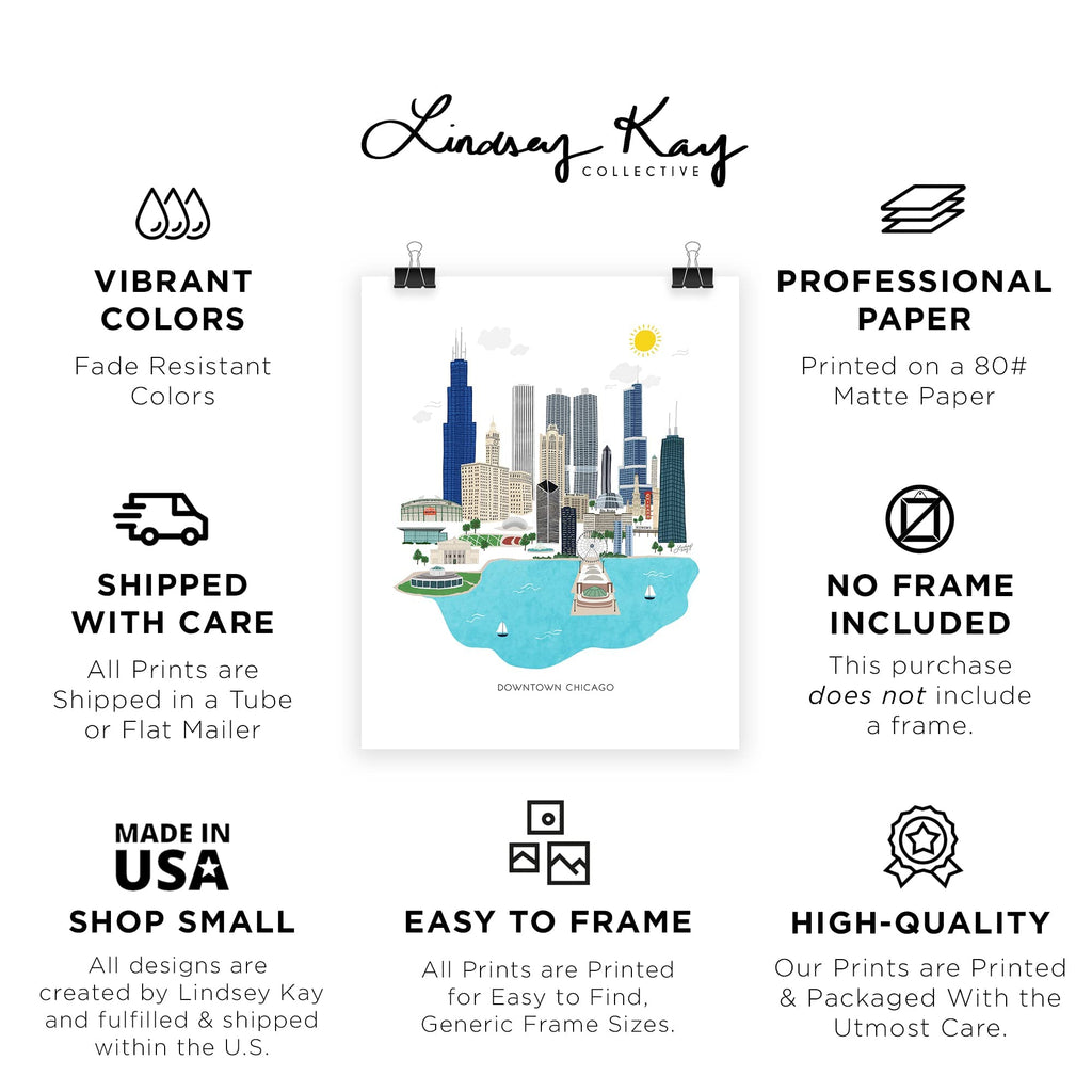 Chicago City Skyline Print 12x16 | Wall | Illustration | Buildings | Downtown | Cityscape | Illinois | Trendy