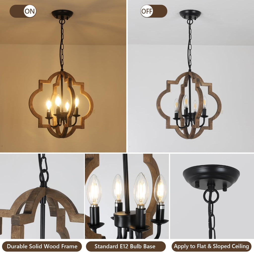 Farmhouse Chandelier Light Fixtures, 4-Light Dining Room Light Fixtures Over Table, Solid Wood Chandeliers, 15.7"