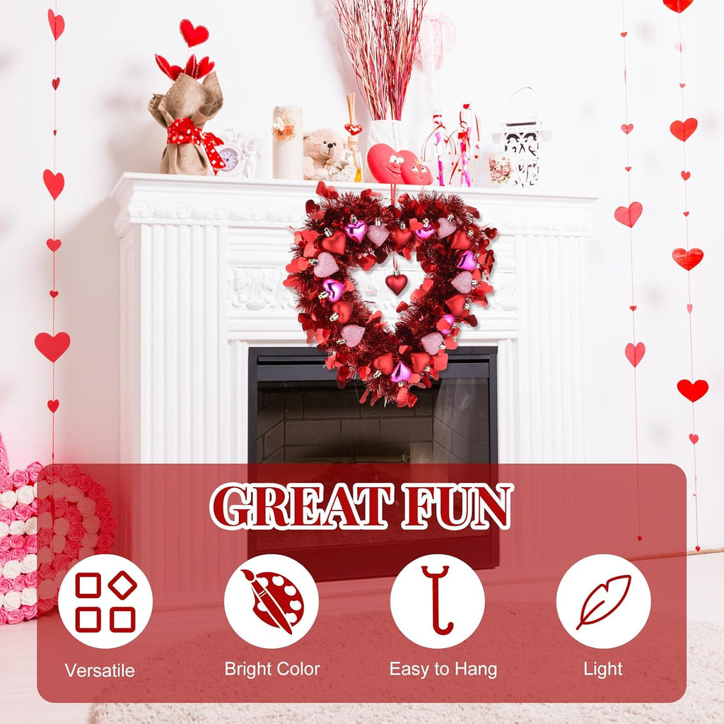 Valentines Wreath for Front Door Valentines Heart Shaped Tinsel Garland Hanging Heart Wreath Decor Birthday Wedding