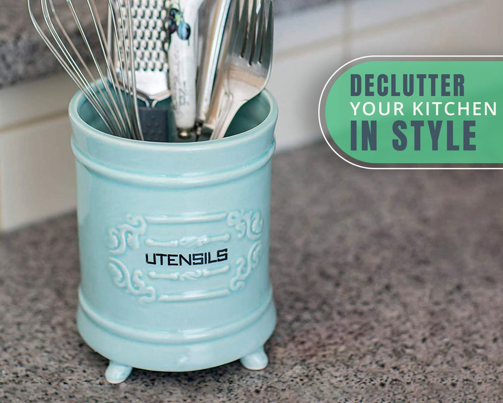 French Blue Ceramic Utensil Crock - French Country - Scroll Feet