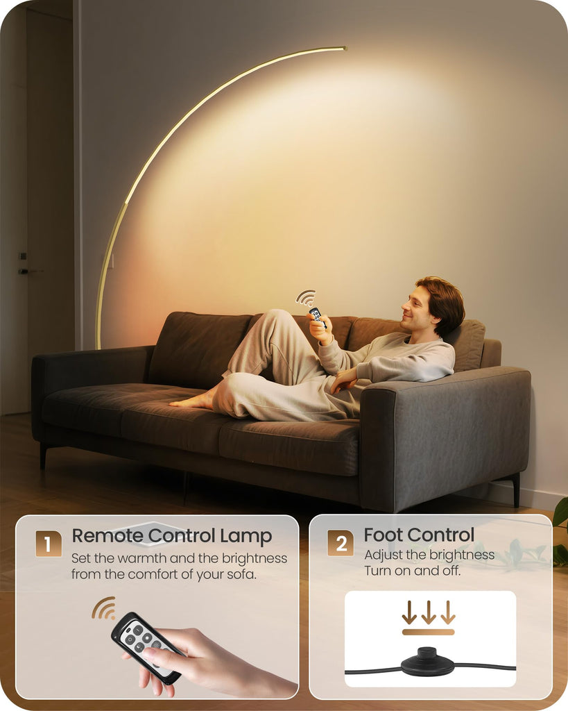 75" Dimmable Gold Arc Floor Lamp with Remote & Foot Control