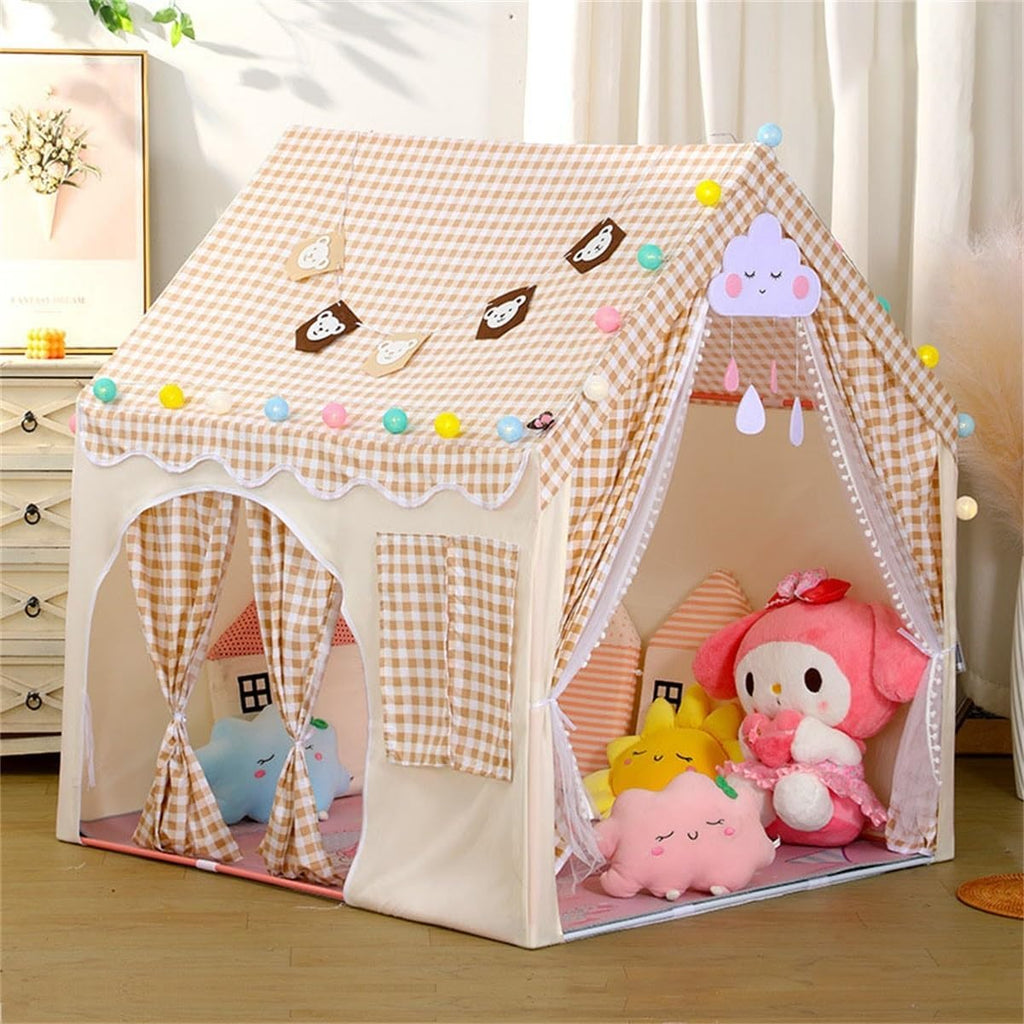 Kids Indoor Play Tent, Cute Castle Playhouse for Girls, Double Door Kids Toy Tent, 120×100×130cm(Khaki)
