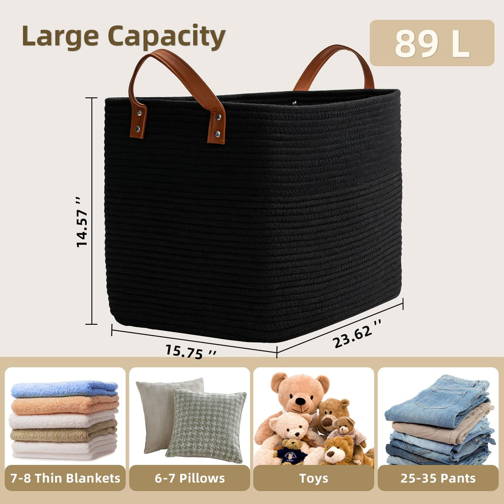 89L Extra Laundry Basket with Leather Handles, Woven Cotton Rope Blanket Basket, Toy Bin for Baby Room, Laundry Hampers