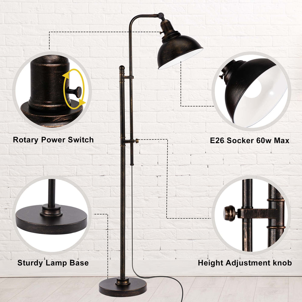 Industrial Floor Lamp Adjustable, Rustic Farmhouse Reading Lamp in Aged Black Finish, Modern Standing Lamp