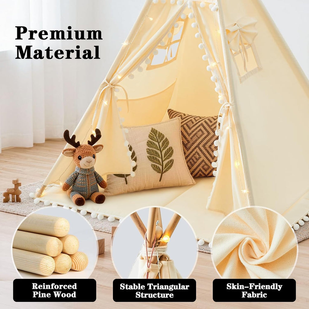 HalloDeer Teepee Tent for Kids with Padded Mat & Star Lights, Cotton Canvas Foldable Kids Teepee Indoor Outdoor