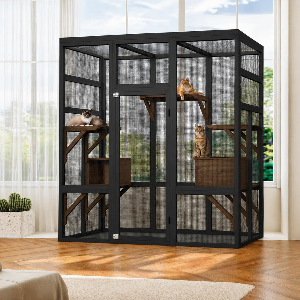 70" Walk-in Wooden Catio, Outdoor Cat Enclosure with Window Access, Black