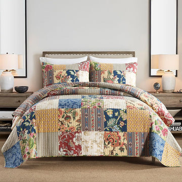 Cotton Bedspread Quilt Sets Reversible Bedding Coverlet Sets 3 Pieces Gorgeous Rustic Vintage Floral Red Yellow