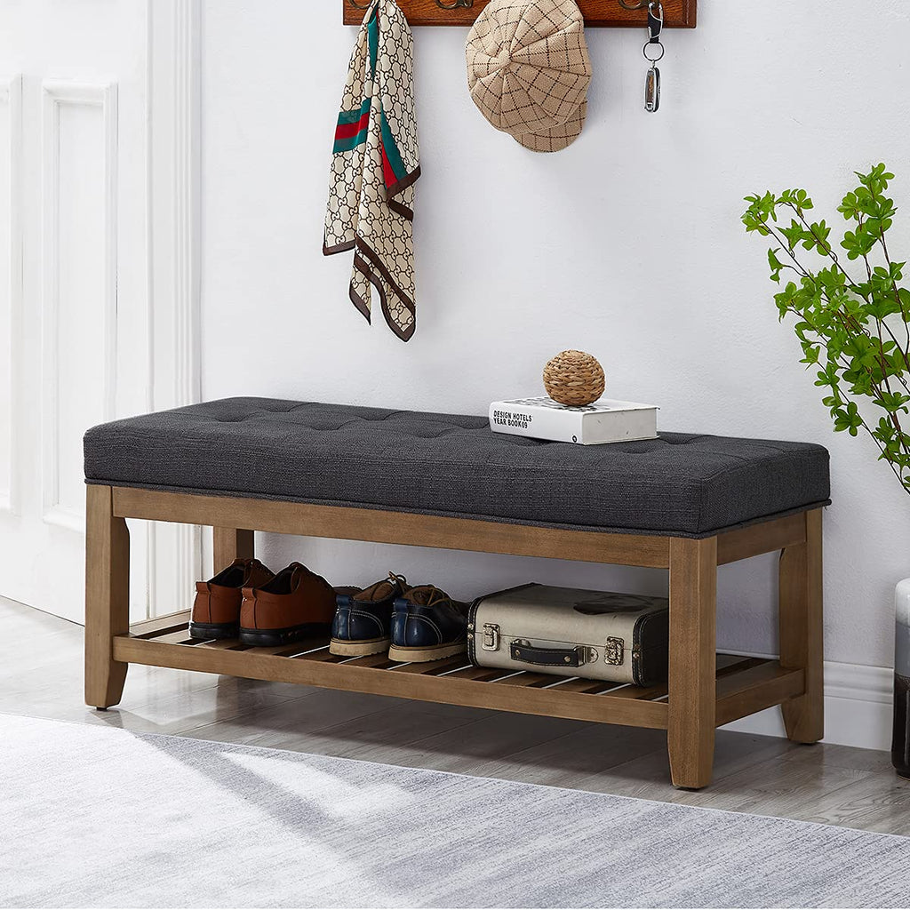 Large Rectangular Upholstered Tufted Linen Fabric Ottoman Bench, Padded Bench with Solid Wood Shelf-Charcoal