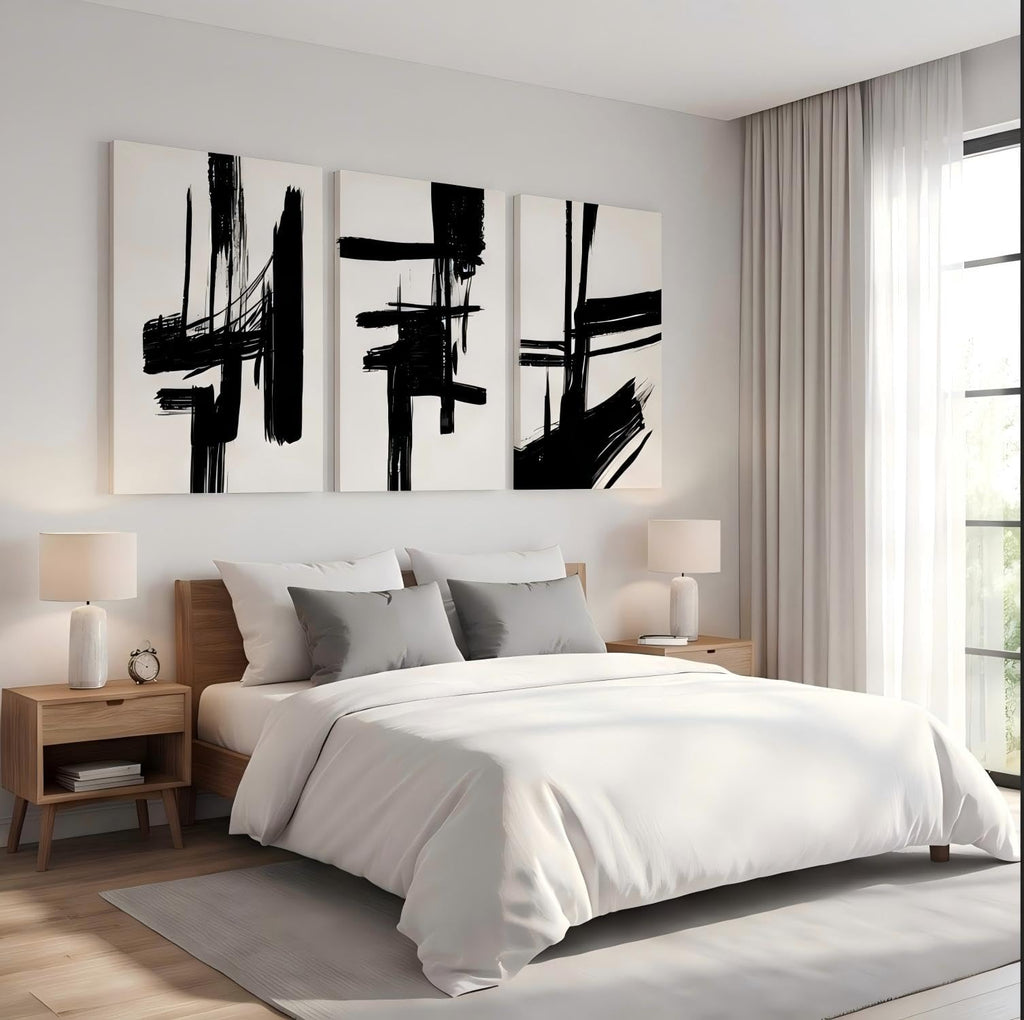 Black and White Abstract Wall Art Set of 3, Modern Minimalist style Canvas
