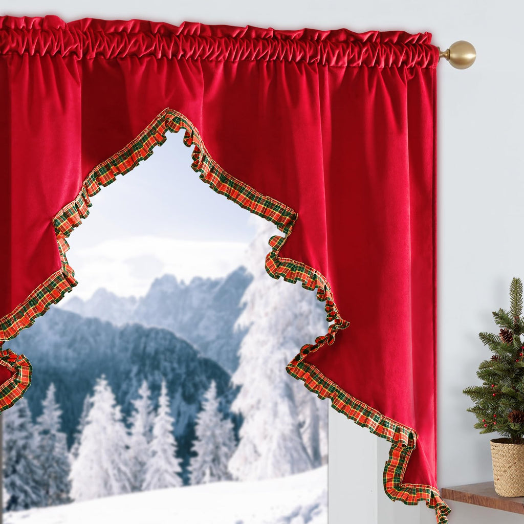 Christmas Valance Christmas Tree Kitchen Curtain with Plaid Hem Red Velvet Valance Rod Pocket Swag Valances for