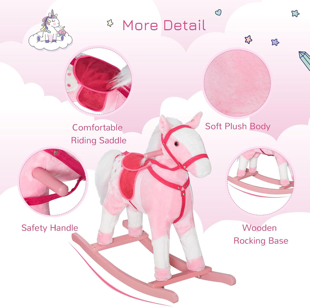 Kids Rocking Horse Plush Ride On Toy with Realistic Sounds, Pink