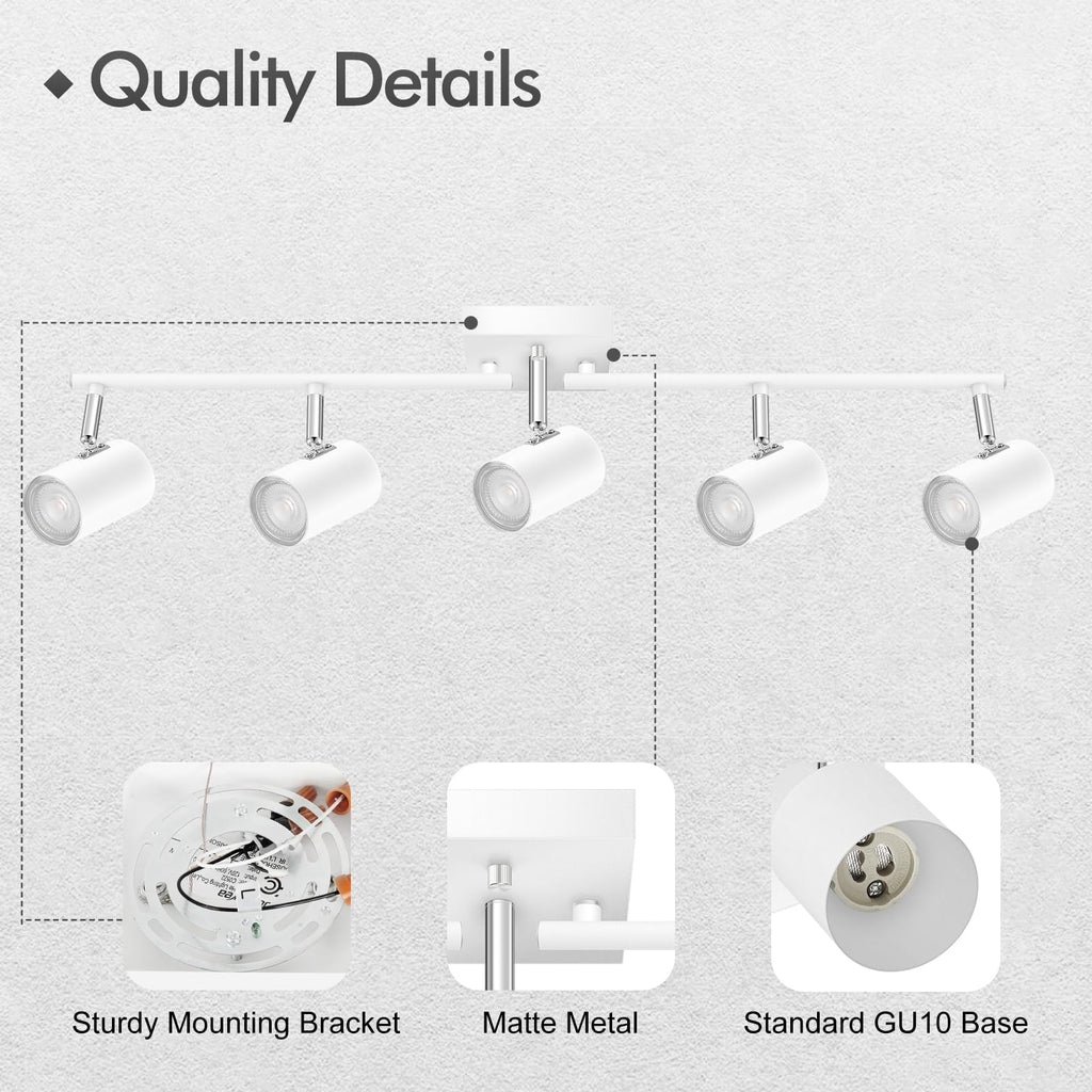 5 Light Track Lighting Fixtures Ceiling, Matte White Kichen Track Lighting, Rotatable Light Heads, Adjustable Modern