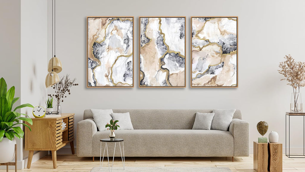 Gray White Gold Framed Wall Art Abstract Marble Canvas Pictures, 48x32in x3