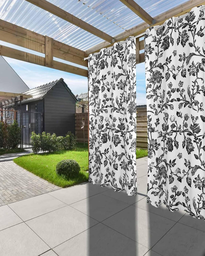 Outdoor Curtains Waterproof, Vintage Black Floral Farmhouse Flower Pastoral Style Grommet Weatherproof Privacy